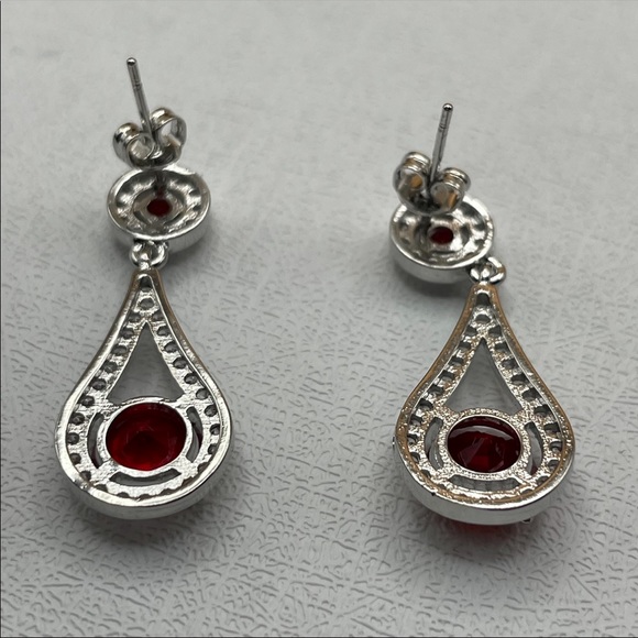 925 Sterling Silver Red Ruby Diamond Tear Drop Pear Cut Elegant Dangle Earrings - Picture 4 of 13
